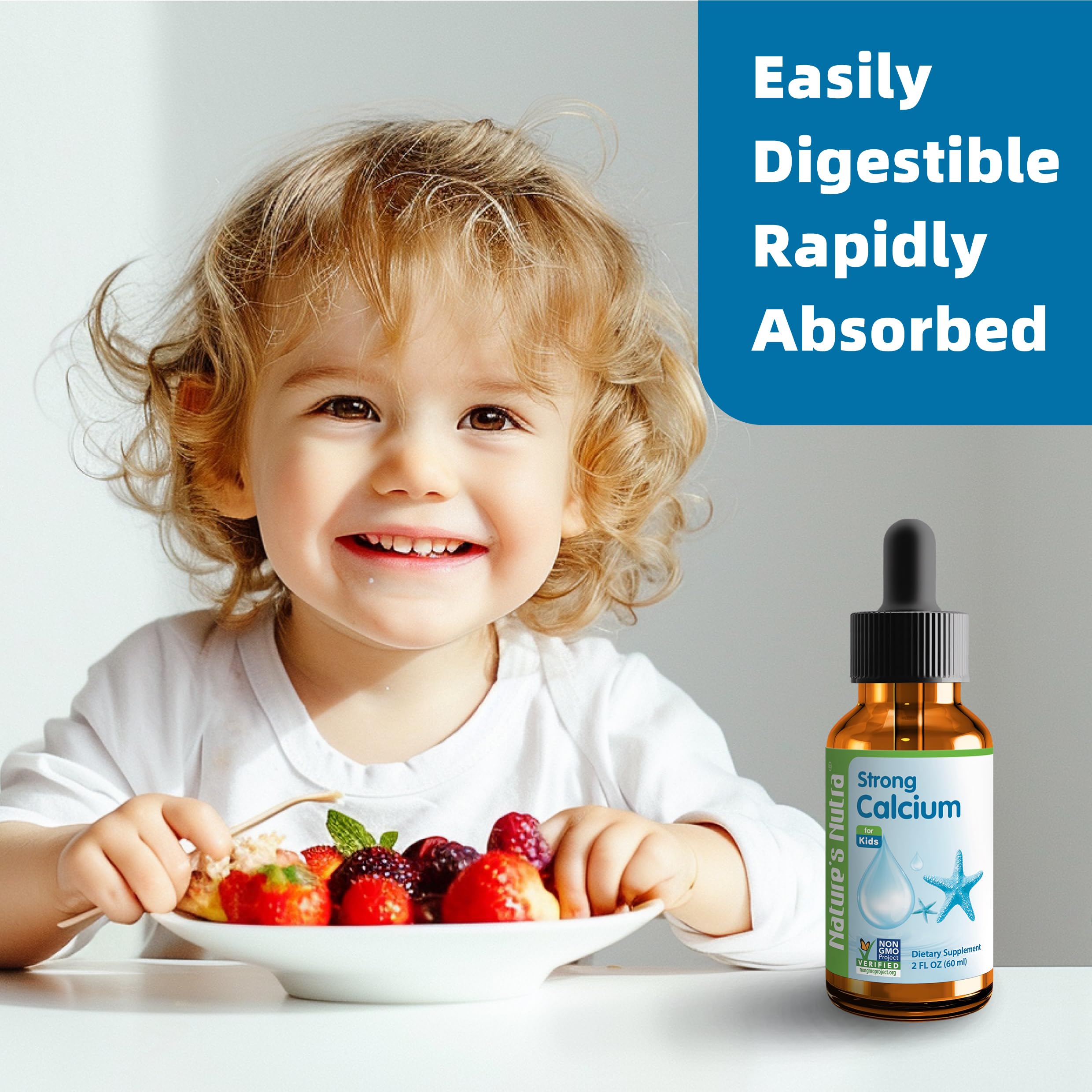 Nature's Nutra Strong Calcium drops with kids enjoying a daily dose.