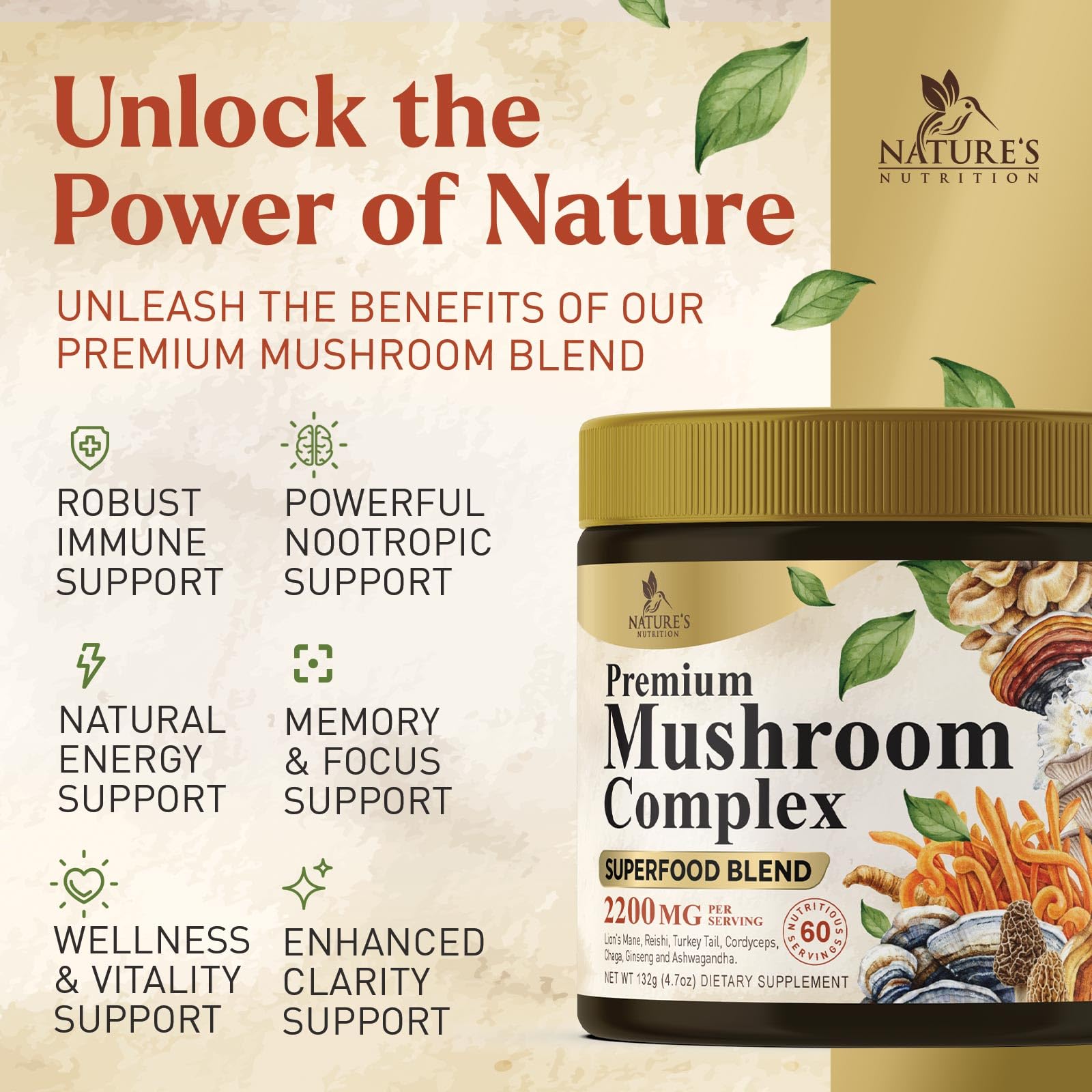 Nature's Nutrition 11-in-1 mushroom blend powder for daily use.