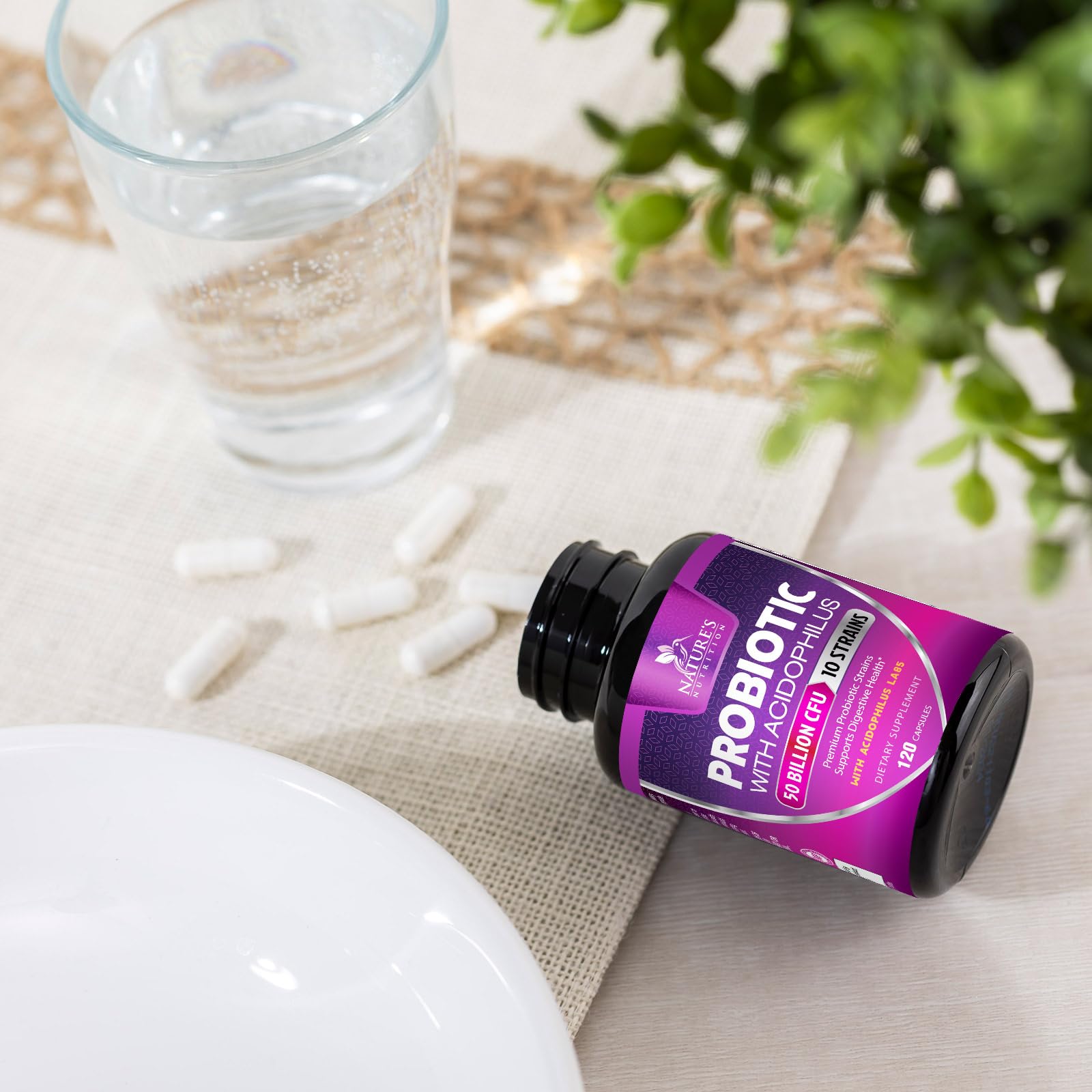 Nature's Nutrition 120-capsule bottle for daily probiotic routine.
