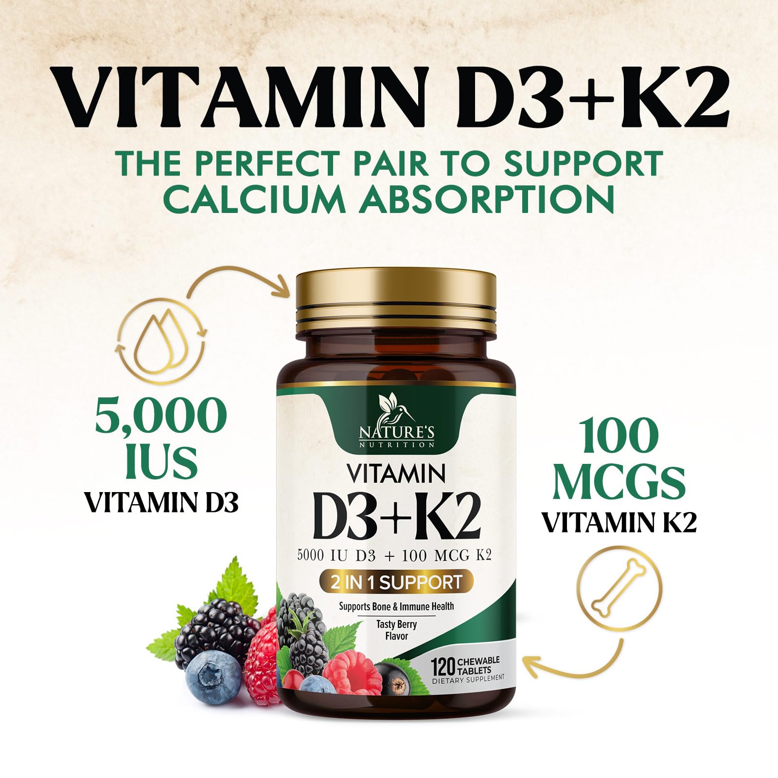 Nature's Nutrition 120-count container designed for ongoing bone and immune support.