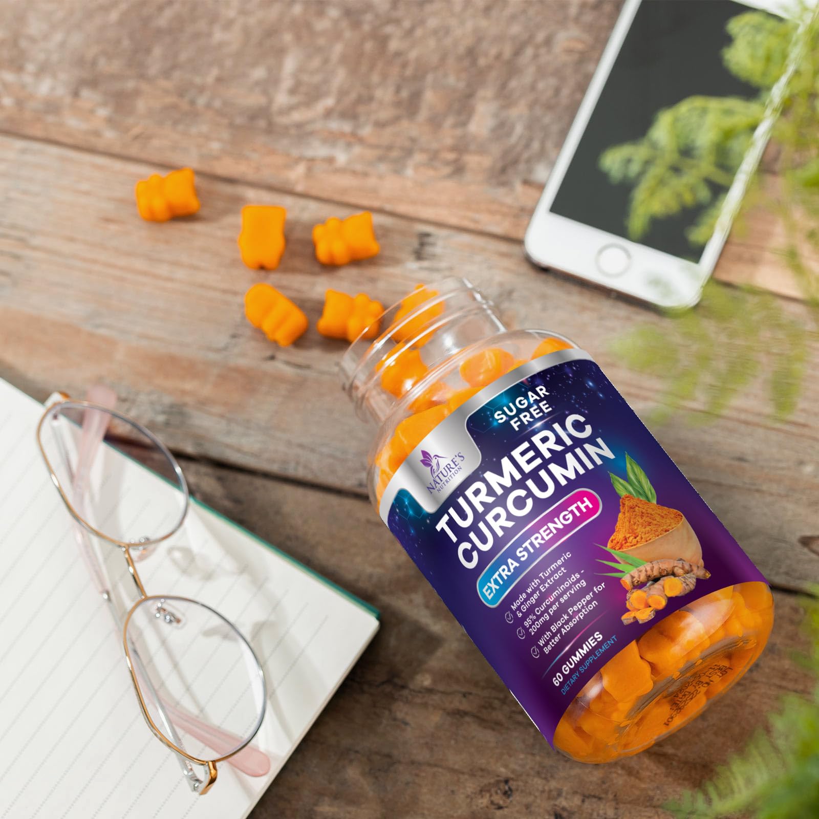 Nature's Nutrition 60-count turmeric curcumin gummies design and branding