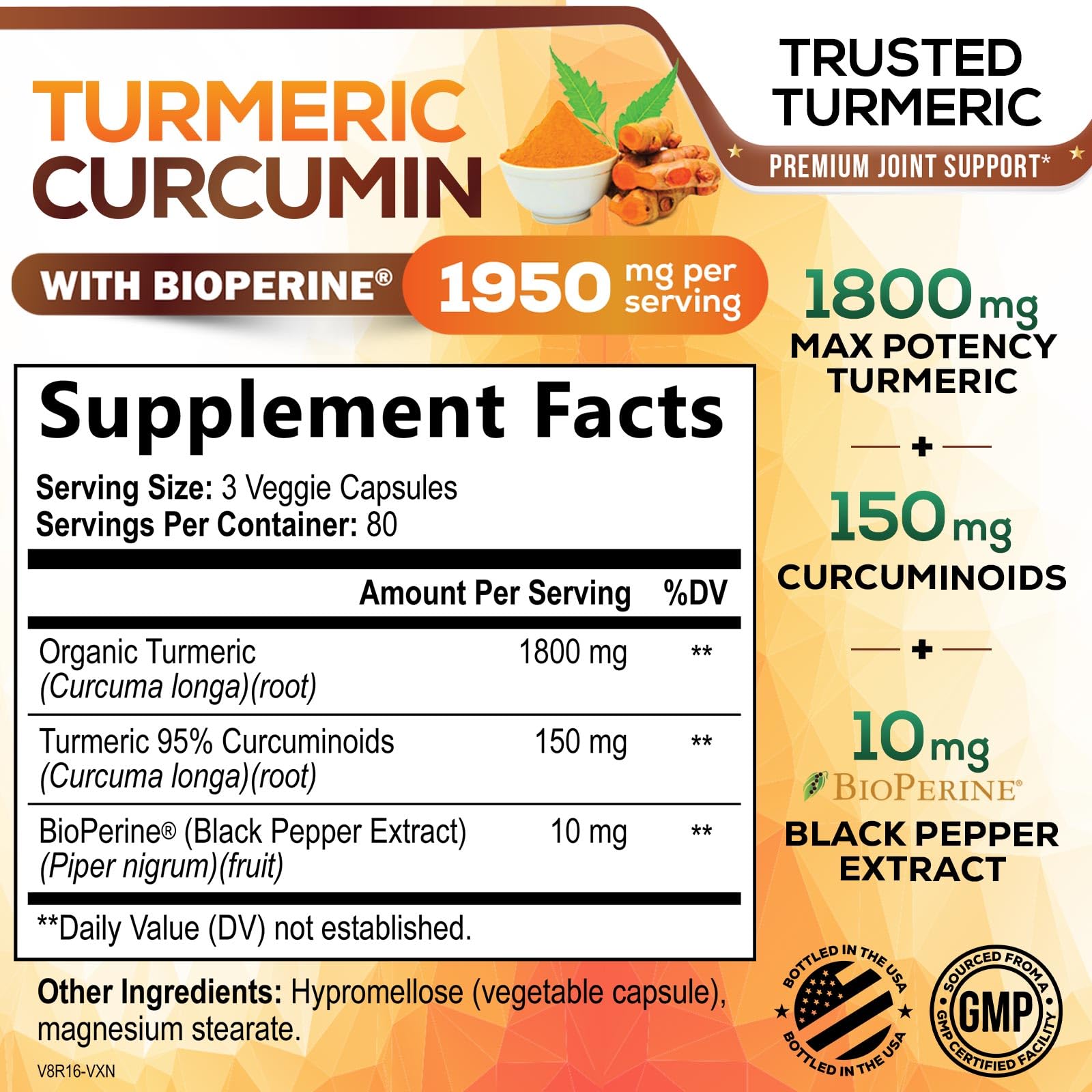 Nature's Nutrition 95% curcuminoids capsules support potent antioxidant potential.