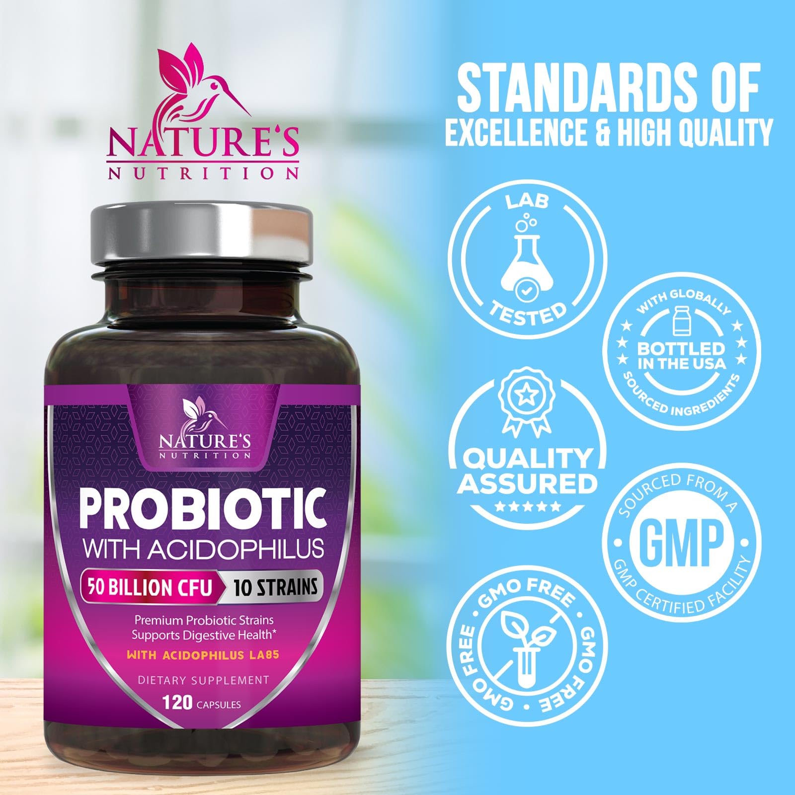 Nature's Nutrition acid-resistant capsules protect live cultures through digestion.