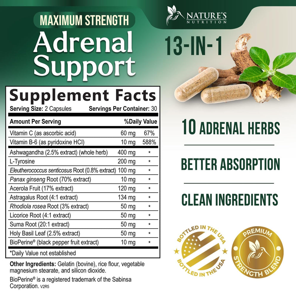Capsules of Nature's Nutrition Adrenal Cortex Complex for sustained focus and energy.