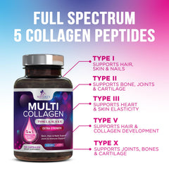 Nature's Nutrition advanced collagen pills packaging highlighting five-type blend.