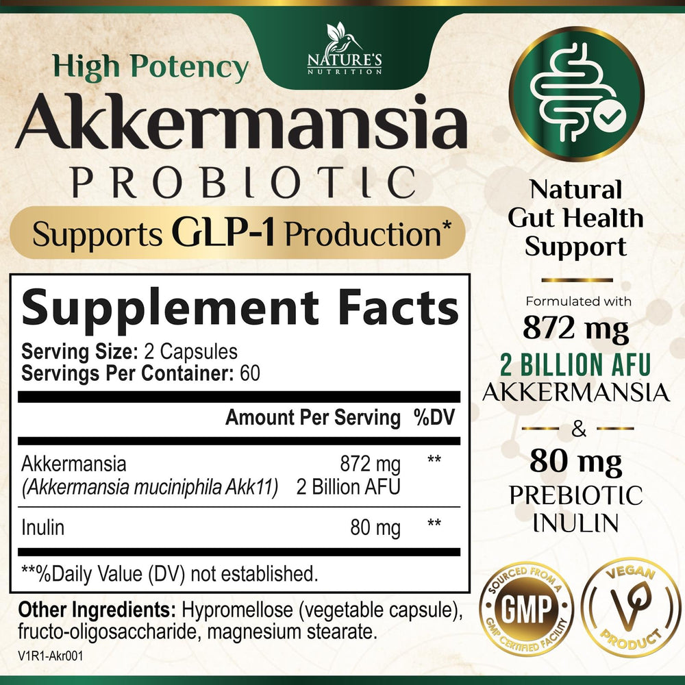 Close-up of Nature's Nutrition Akkermansia Probiotic 2B AFU capsules