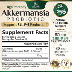 Close-up of Nature's Nutrition Akkermansia Probiotic 2B AFU capsules