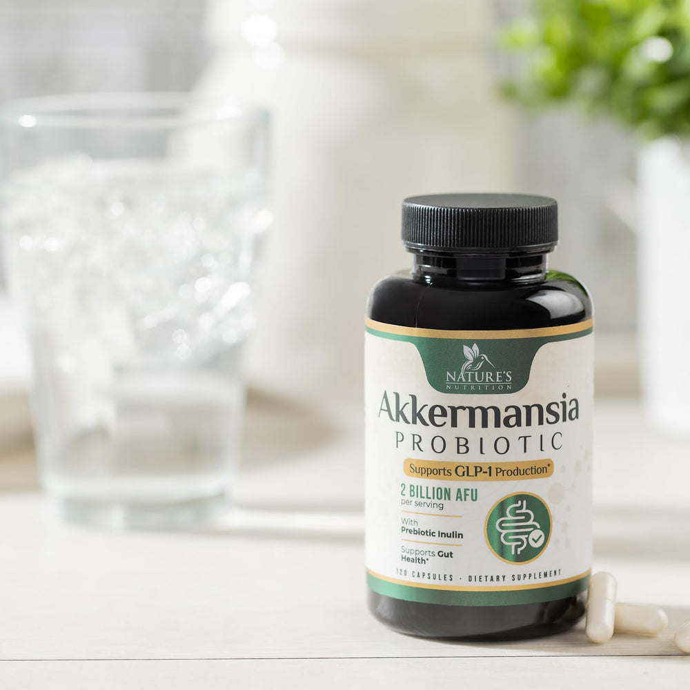 Nature's Nutrition Akkermansia Probiotic 2B AFU dietary supplement on display
