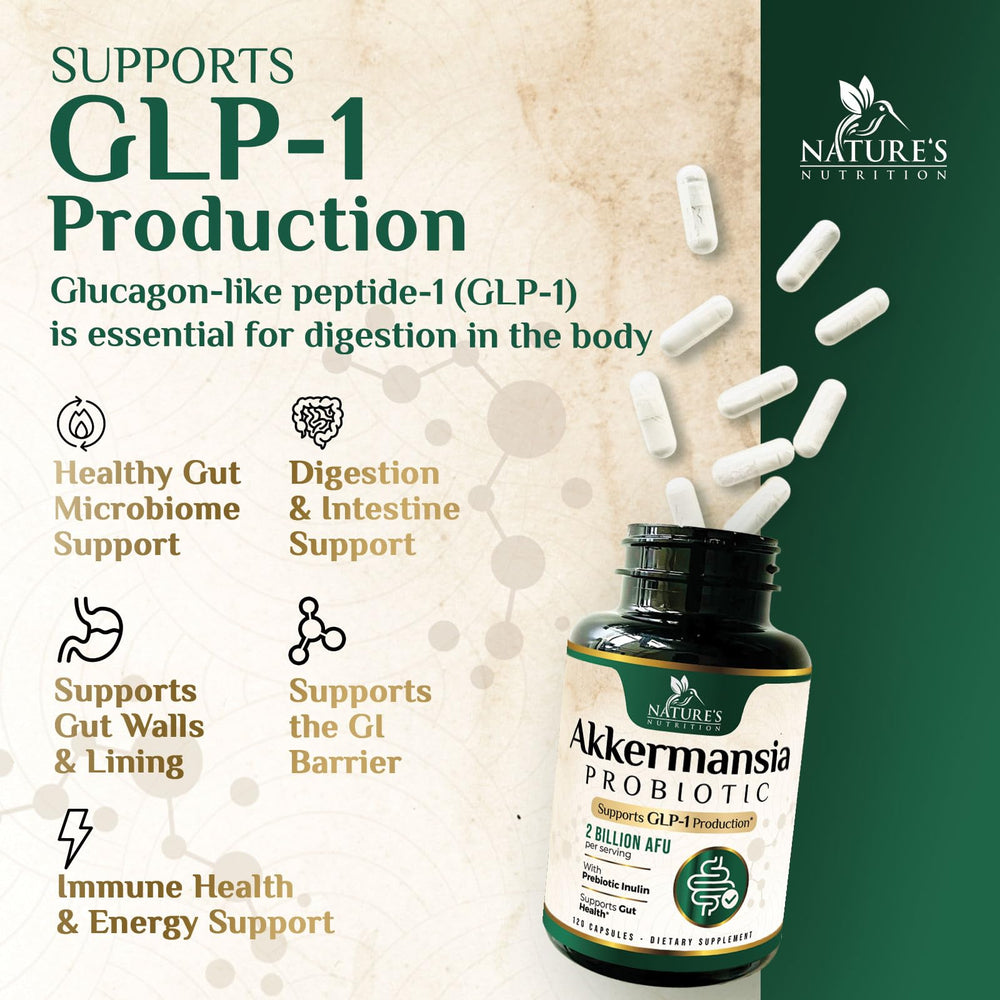 Bottle of Nature's Nutrition Akkermansia Probiotic 2B AFU on a counter