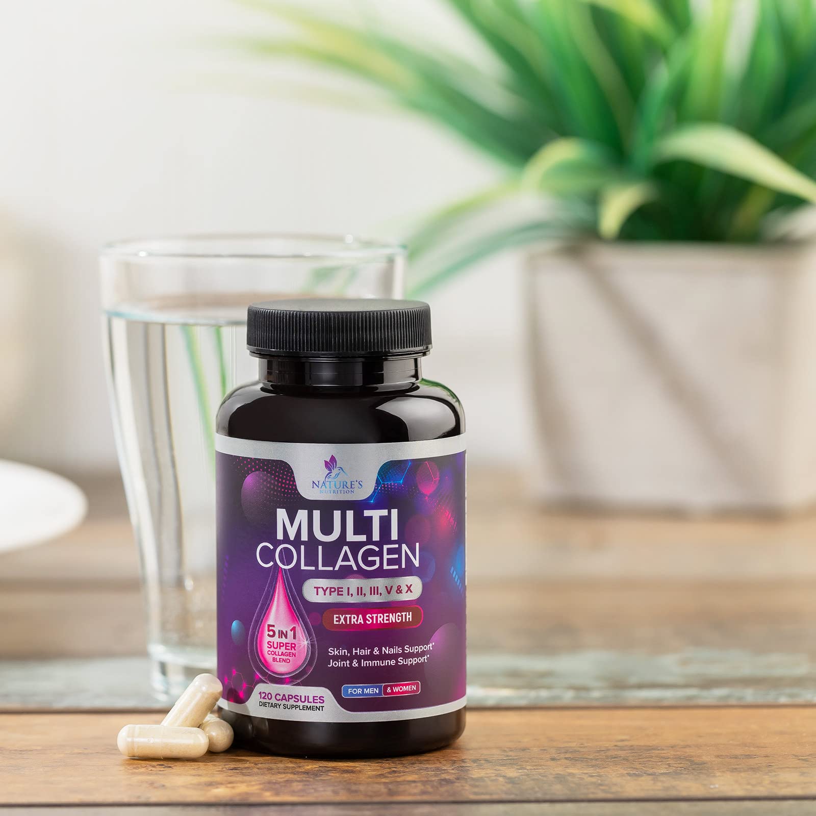 Nature's Nutrition amber bottle highlighting travel friendly collagen capsules.