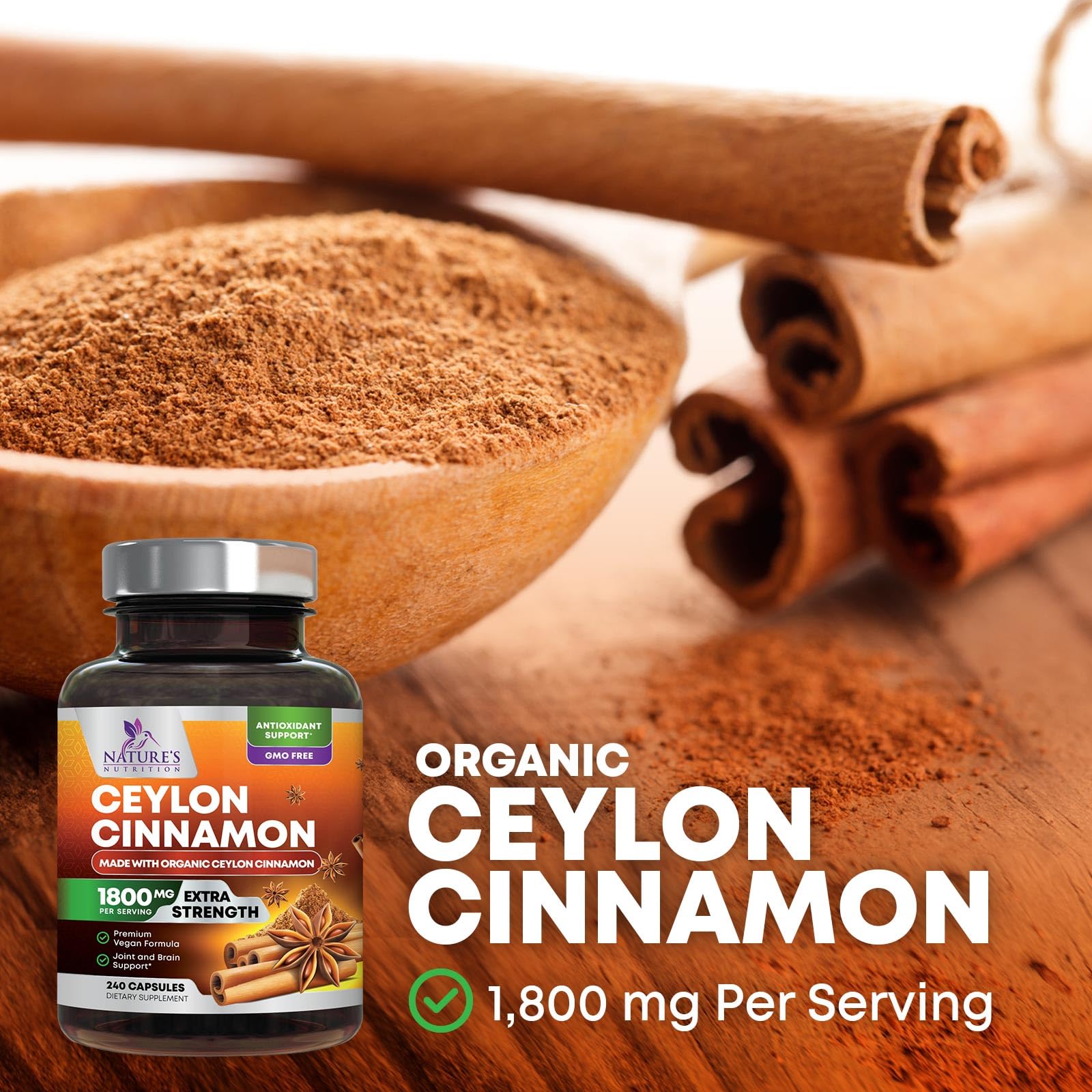 Nature's Nutrition antioxidant-rich cinnamon capsules protect against free radicals.
