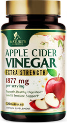 Nature's Nutrition Apple Cider Vinegar Capsules bottle shows 1877mg formula for daily wellness.