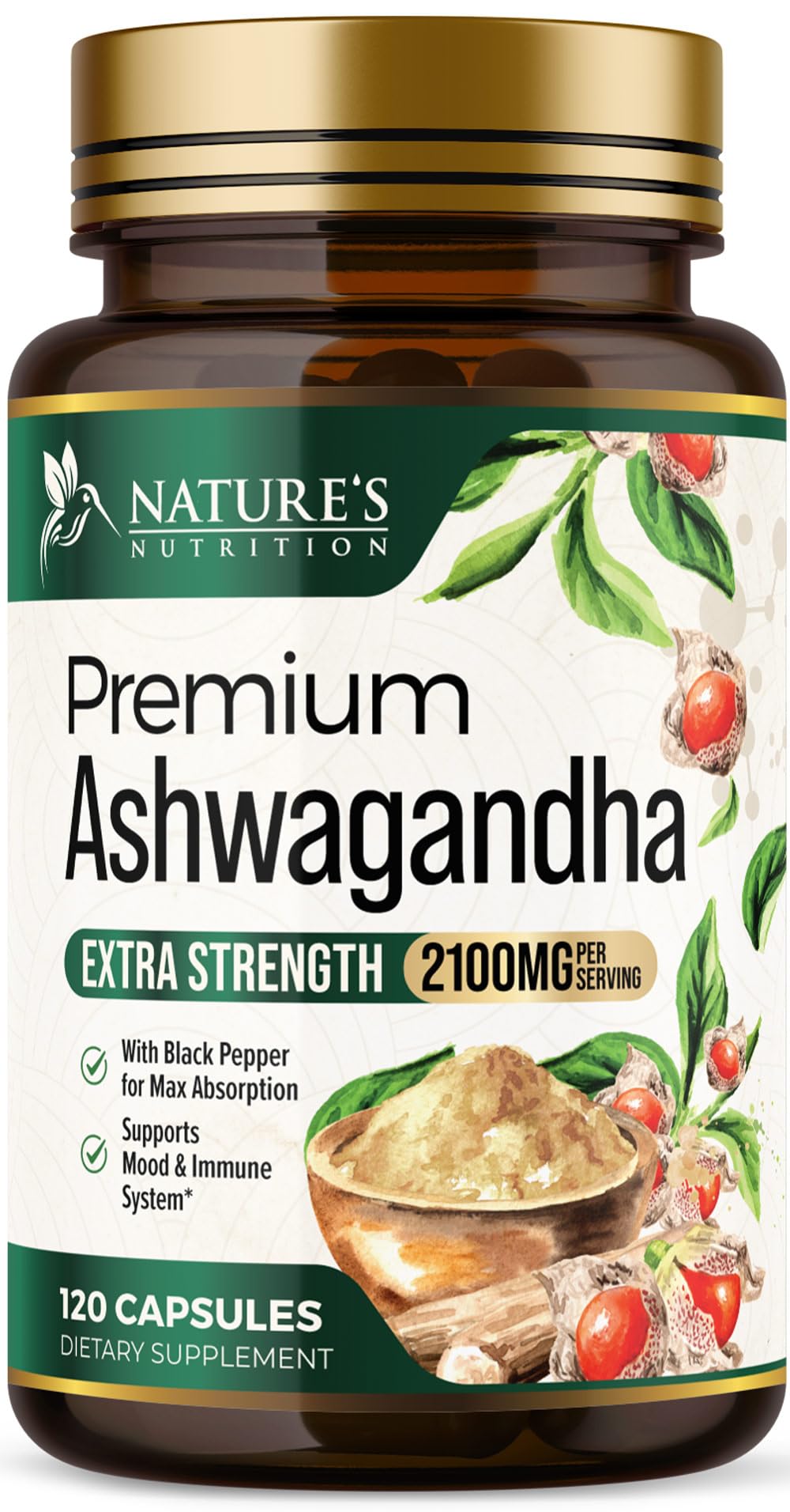 Nature's Nutrition Ashwaganda 2100mg - botella para calma natural