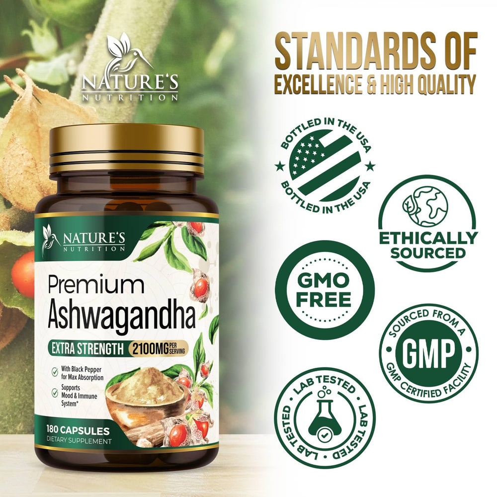 Nature's Nutrition Ashwagandha bottle and label with vegan gluten-free claims