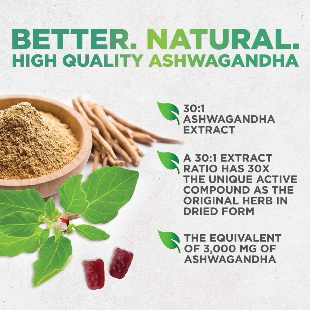 Nature's Nutrition Ashwagandha Gummies jar contents reveal chewy texture and color