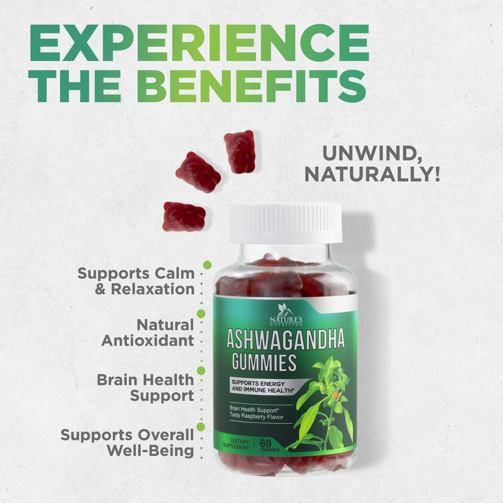 Nature's Nutrition Ashwagandha Gummies label close-up emphasizes ingredients and purity