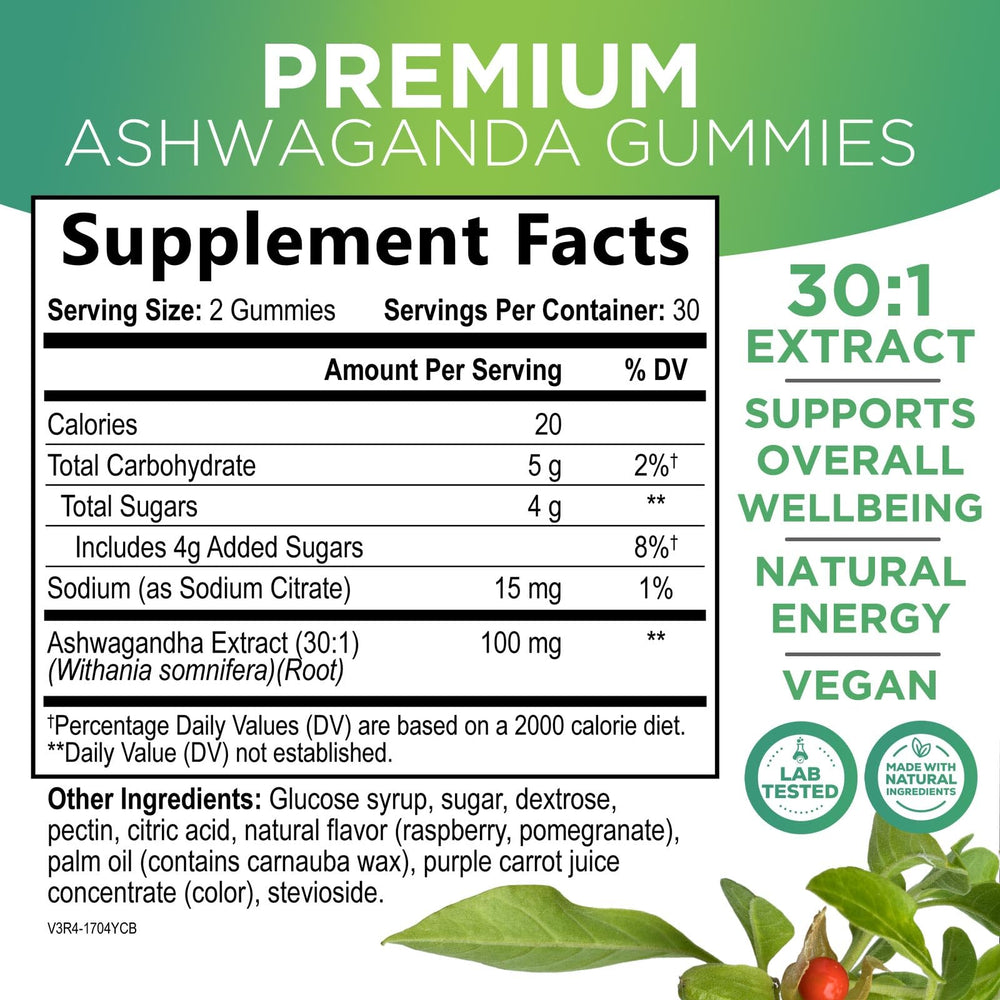 Nature's Nutrition Ashwagandha Gummies packaging close-up highlights vegan, non-GMO formula