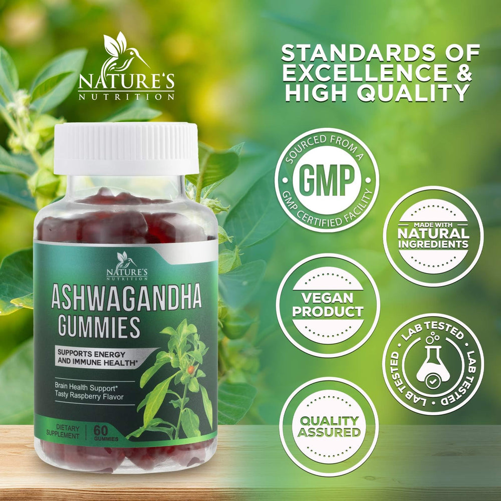 Nature's Nutrition Ashwagandha Gummies piece on wood conveys easy, tasty supplementation