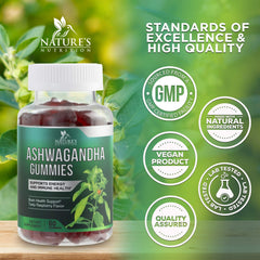 Nature's Nutrition Ashwagandha Gummies piece on wood conveys easy, tasty supplementation