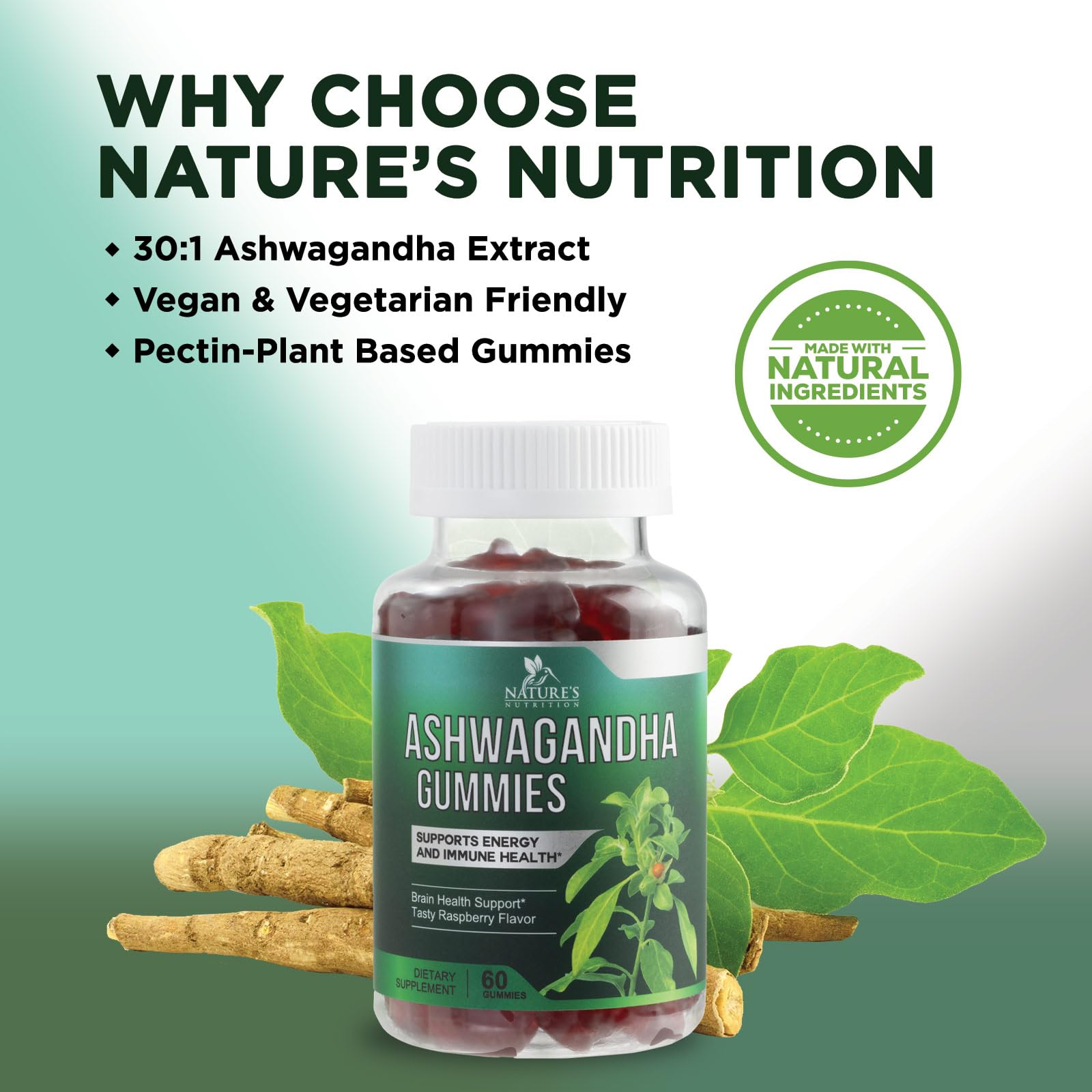 Nature's Nutrition Ashwagandha Gummies vegan symbol communicates plant-based wellness