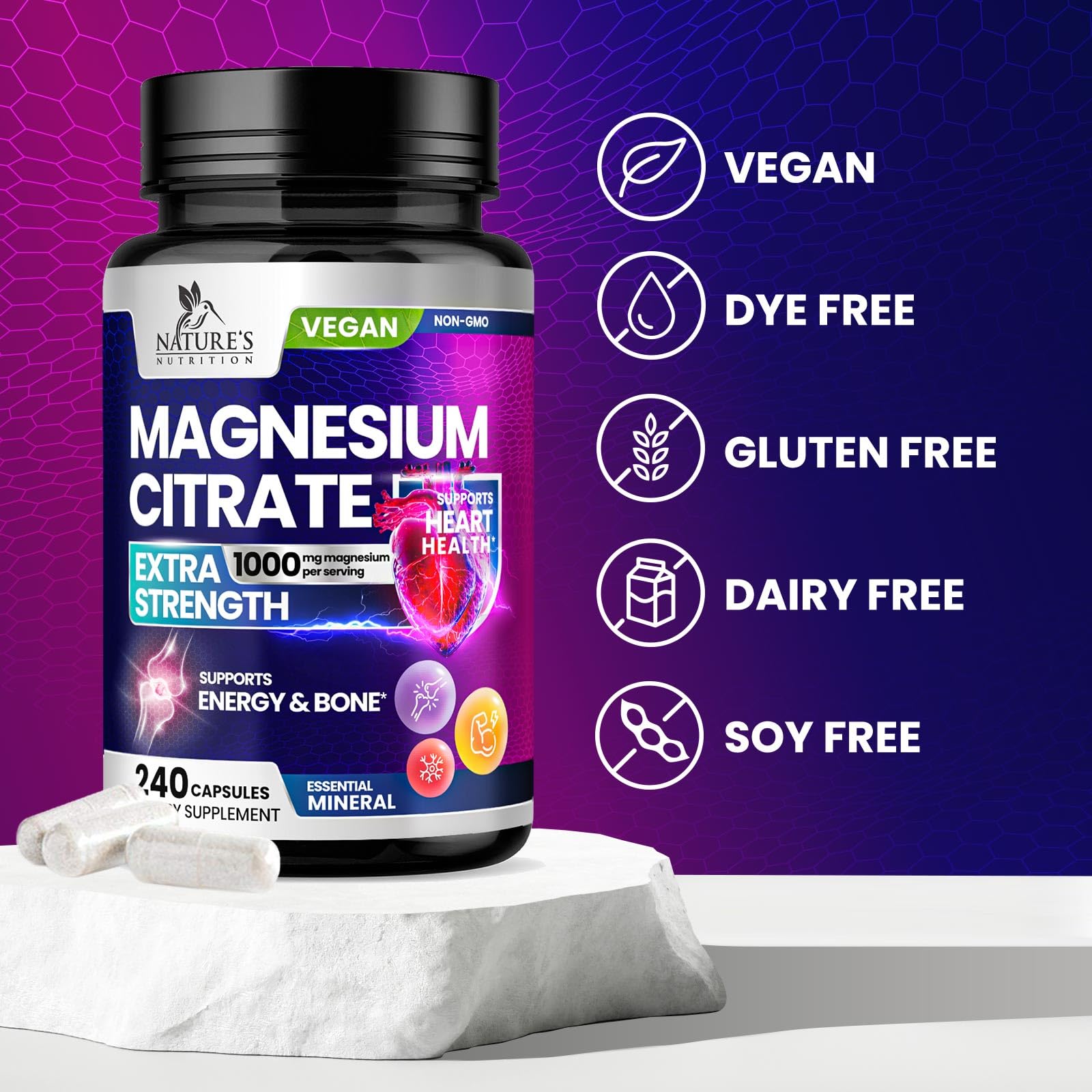 Nature's Nutrition magnesium citrate with an athlete illustrates energy support benefits.