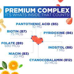 Nature's Nutrition B Complex Gummies closeup with Biotin and Vitamin C for hair and nails