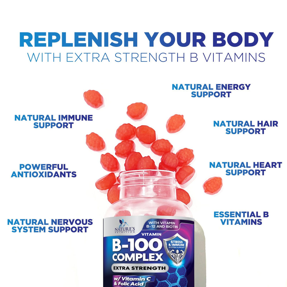 Nature's Nutrition B Complex Gummies ingredient list featuring Niacin, B6, folic acid