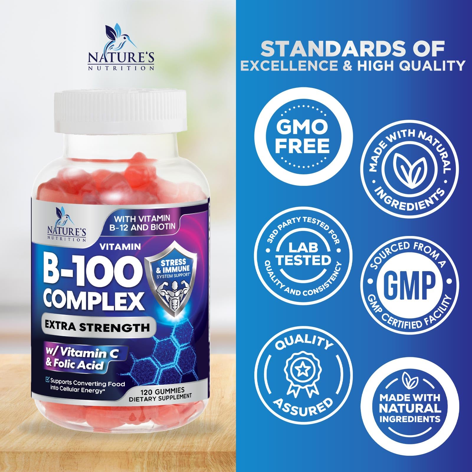 Nature's Nutrition B Complex Gummies packaging emphasizing quality and third-party testing