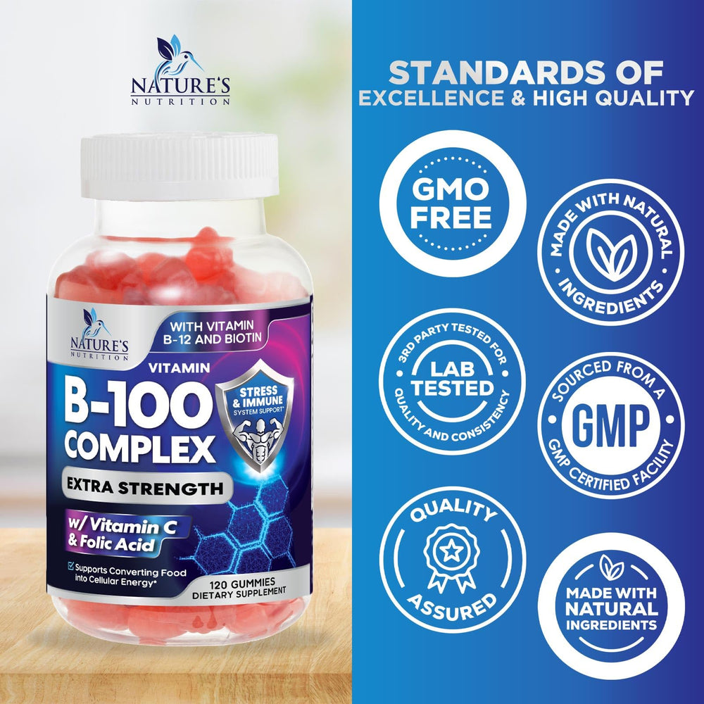 Nature's Nutrition B Complex Gummies packaging emphasizing quality and third-party testing