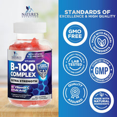 Nature's Nutrition B Complex Gummies packaging emphasizing quality and third-party testing