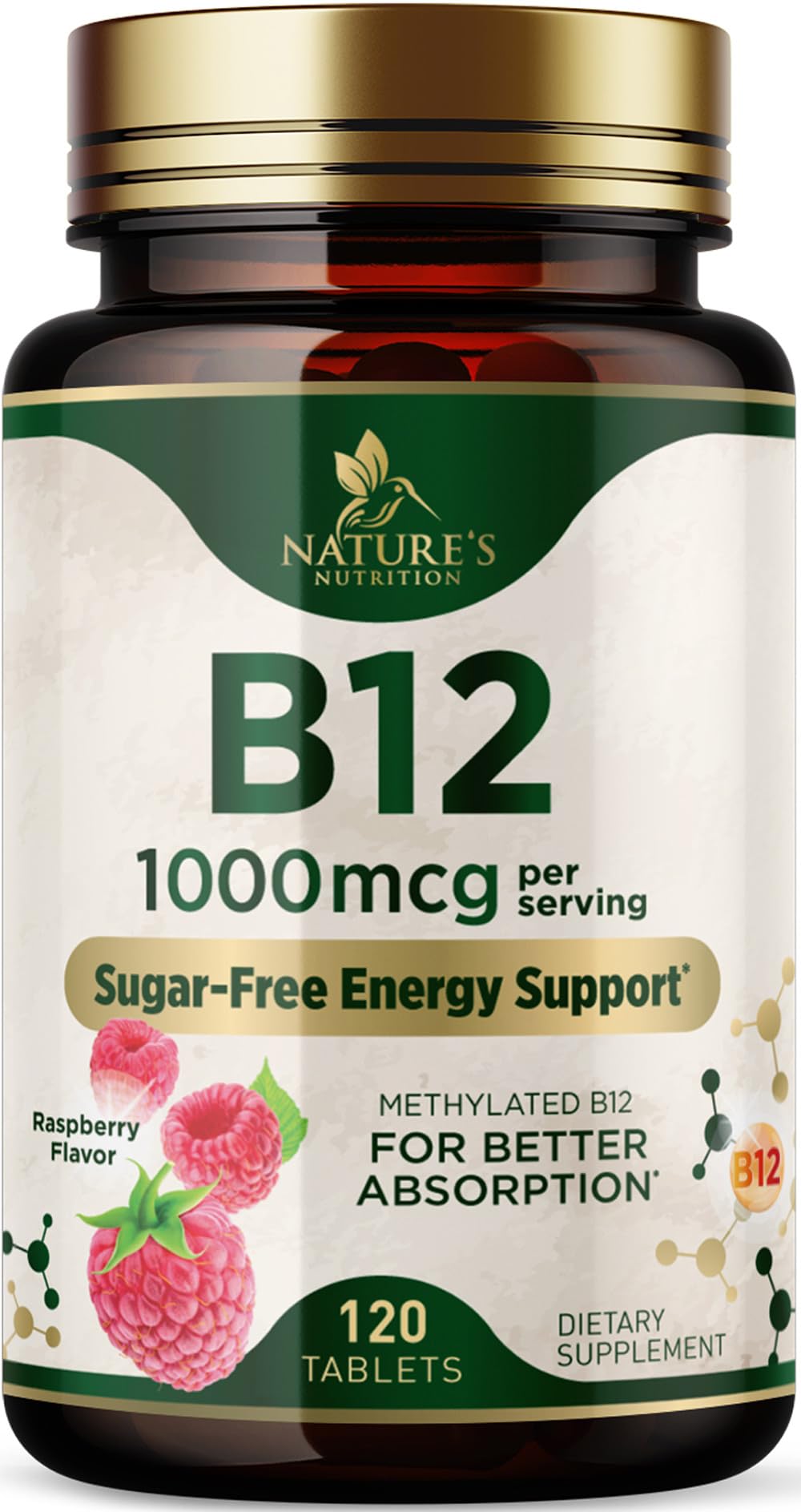 Nature's Nutrition B12 chewable 1000mcg bottle for quick energy support.