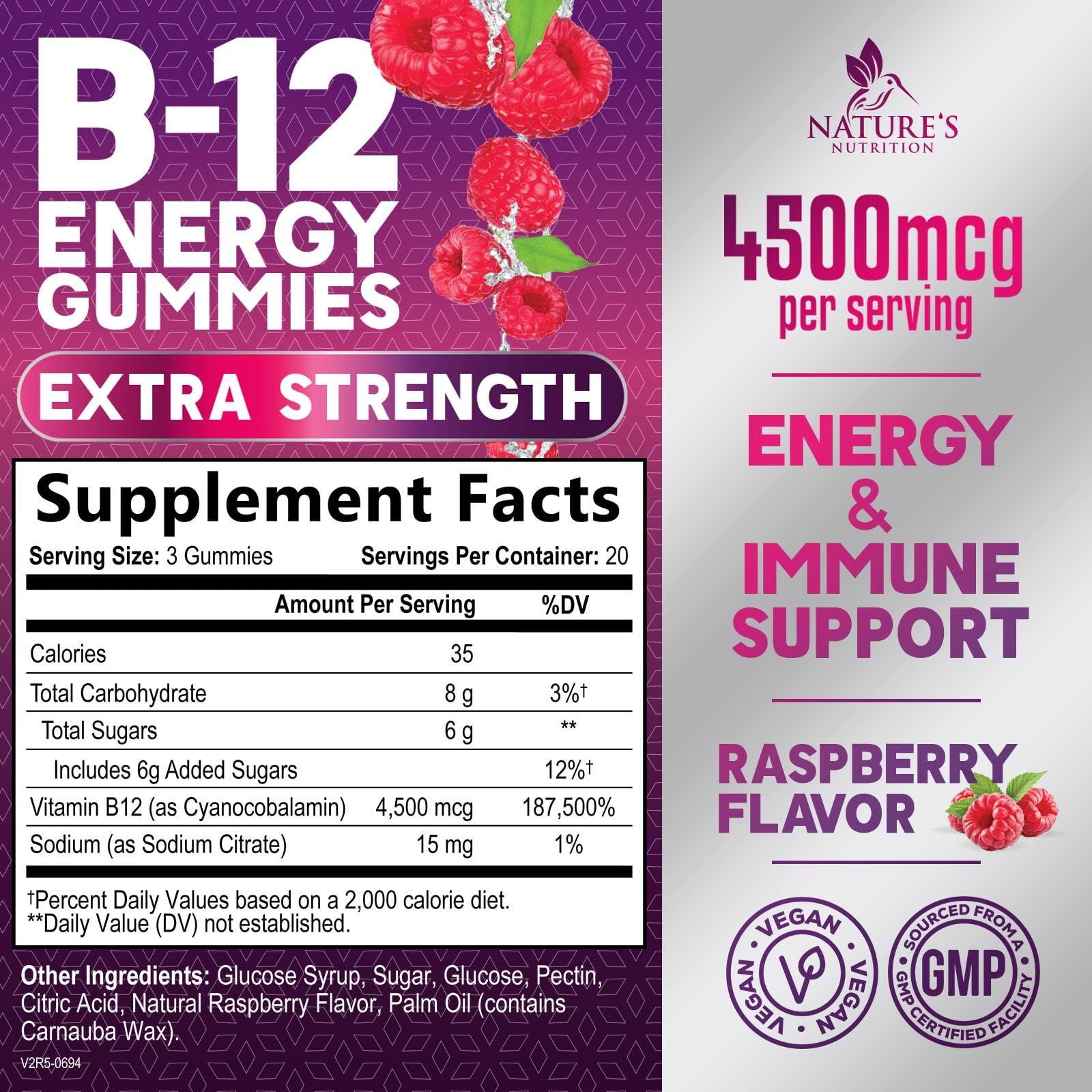 Nature's Nutrition B12 Energy Gummies bag closeup, vegan and non-GMO supplement.