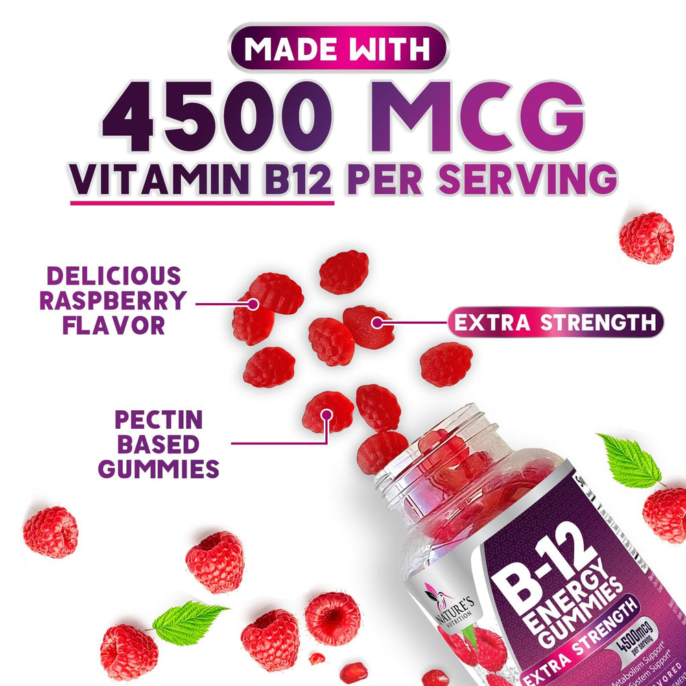 Nature's Nutrition B12 Energy Gummies berry flavor closeup, convenient daily vitamin.