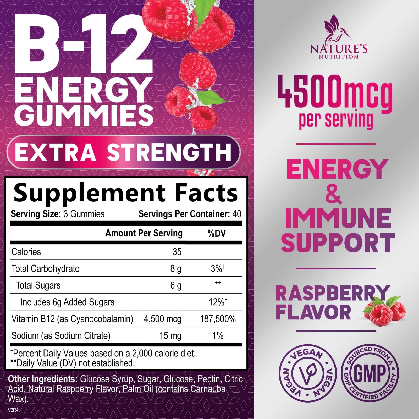 Close-up of Nature's Nutrition B12 Gummies berry flavor for quick energy
