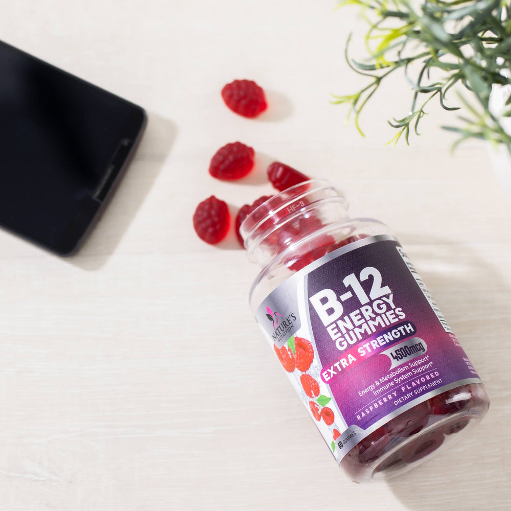 Nature's Nutrition B12 Energy Gummies eco-friendly packaging closeup, sustainable choice.