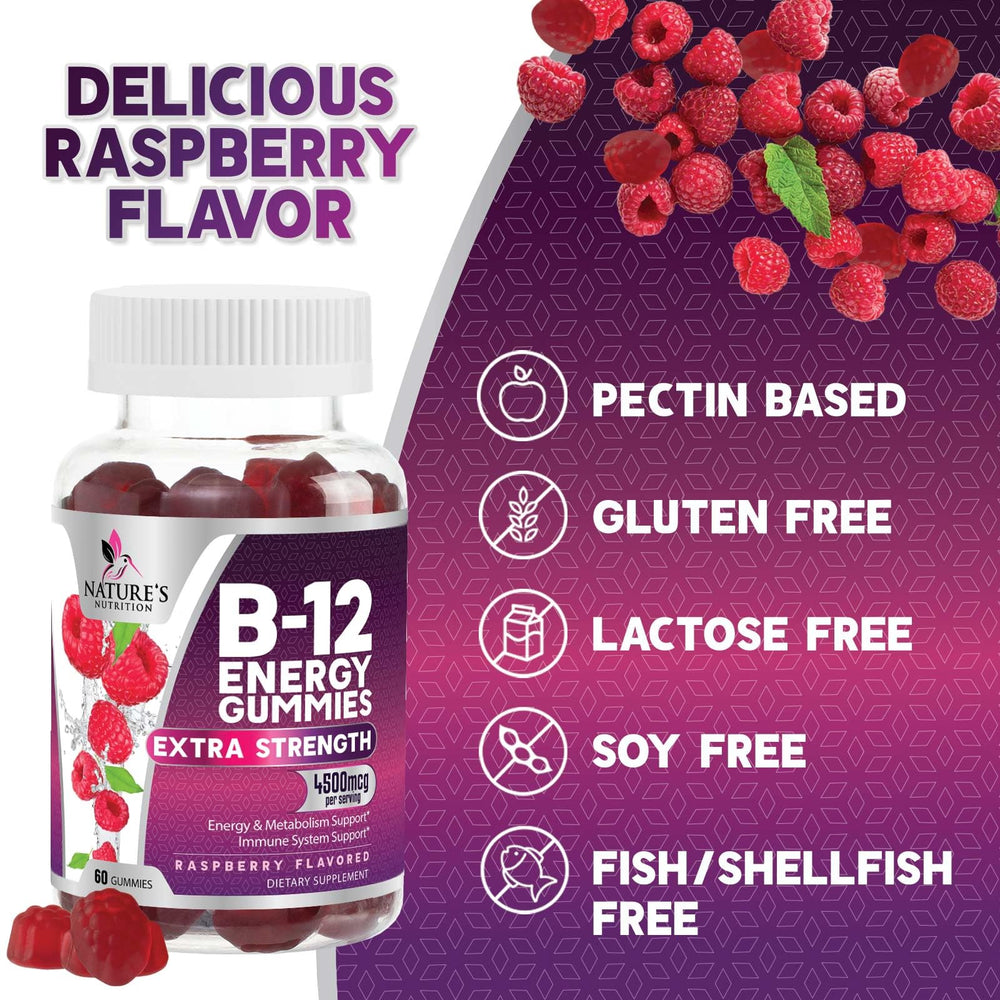 Nature's Nutrition B12 Energy Gummies kid-friendly packaging, family daily energy option.