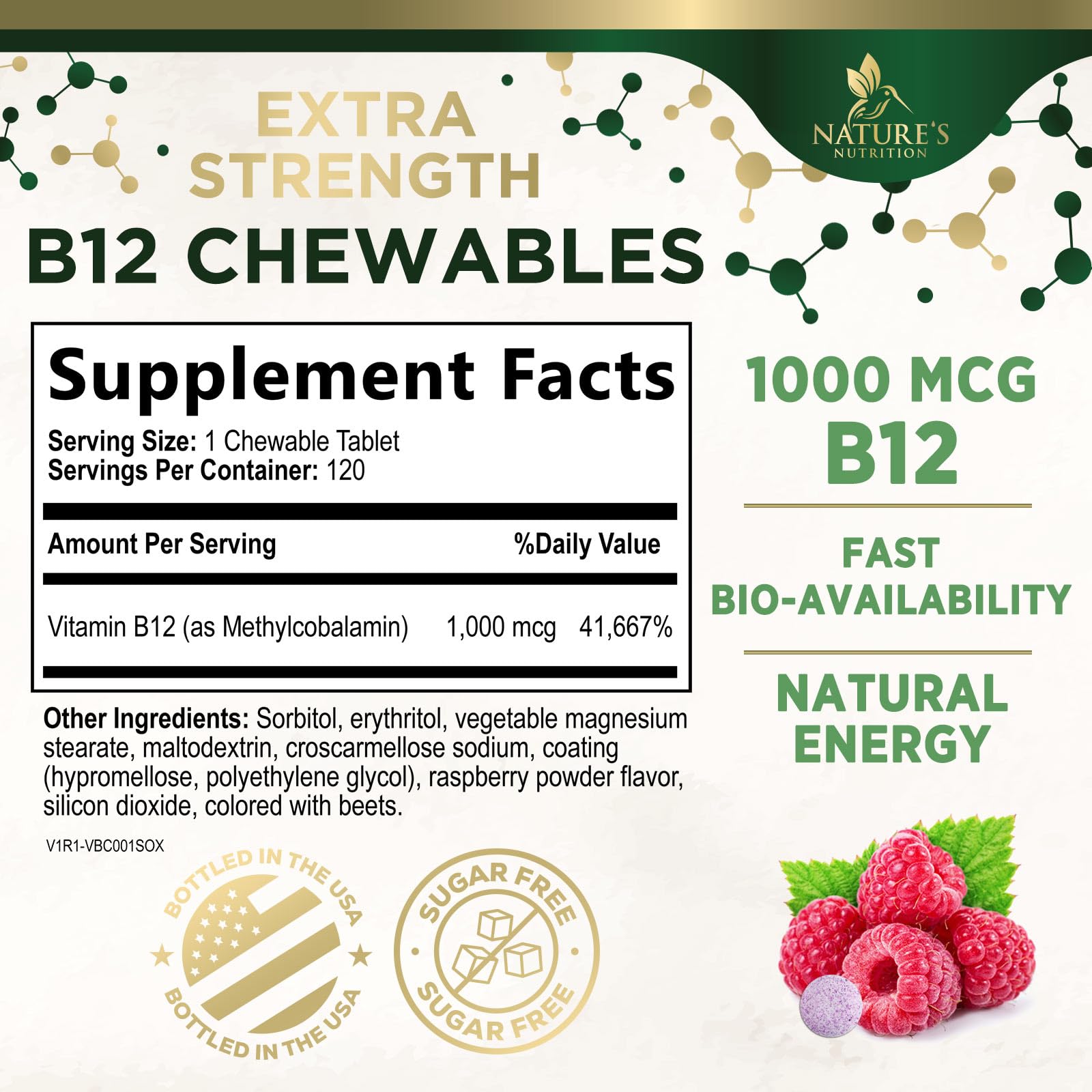 Nature's Nutrition B12 fast-dissolve tablets for vegan, caffeine-free vitality.