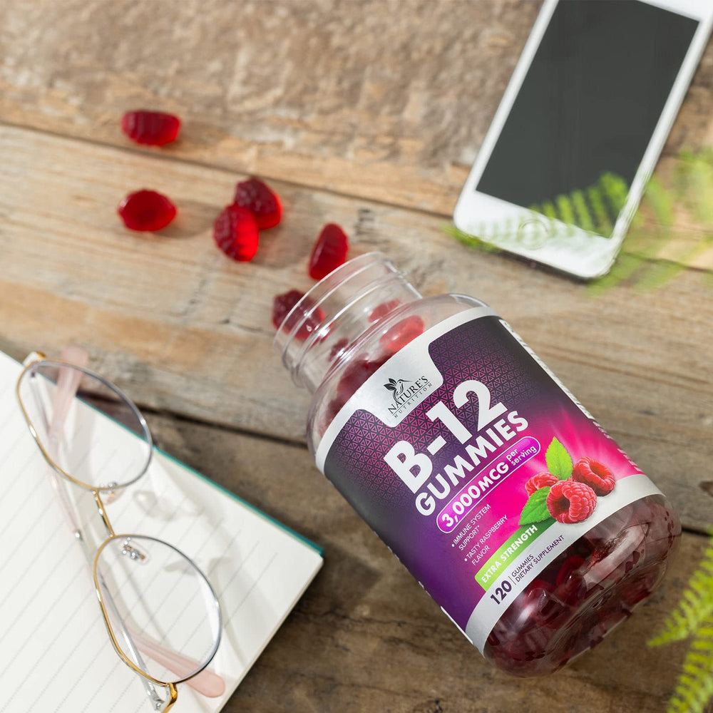 Open bottle of Nature's Nutrition B12 Gummies for easy access
