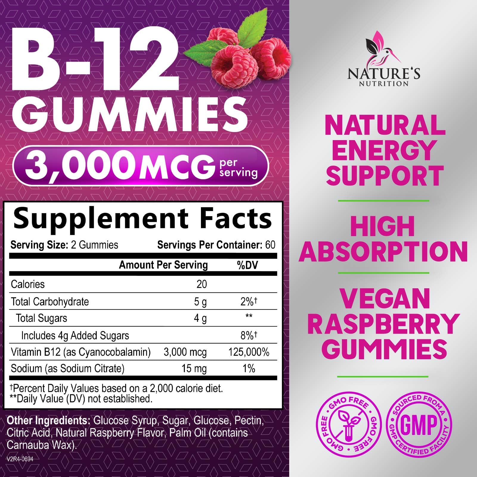 Nature's Nutrition B12 Gummies packaging emphasizing convenient chewable format