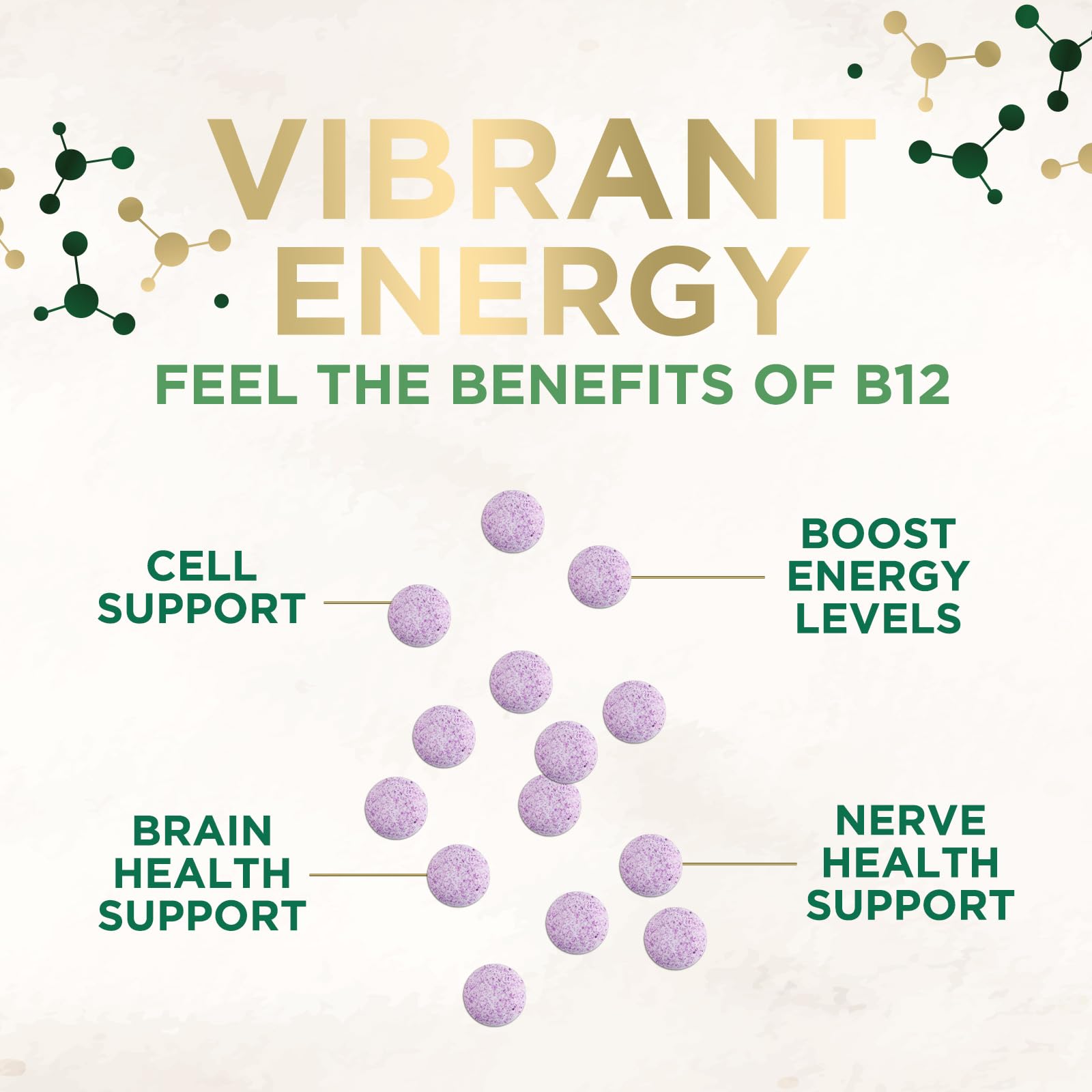 Nature's Nutrition B12 tablets close-up shows premium formula and potency.