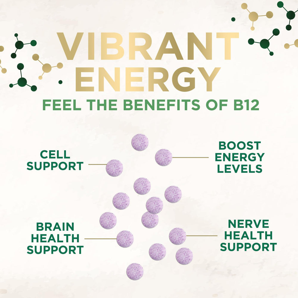 Nature's Nutrition B12 tablets close-up shows premium formula and potency.