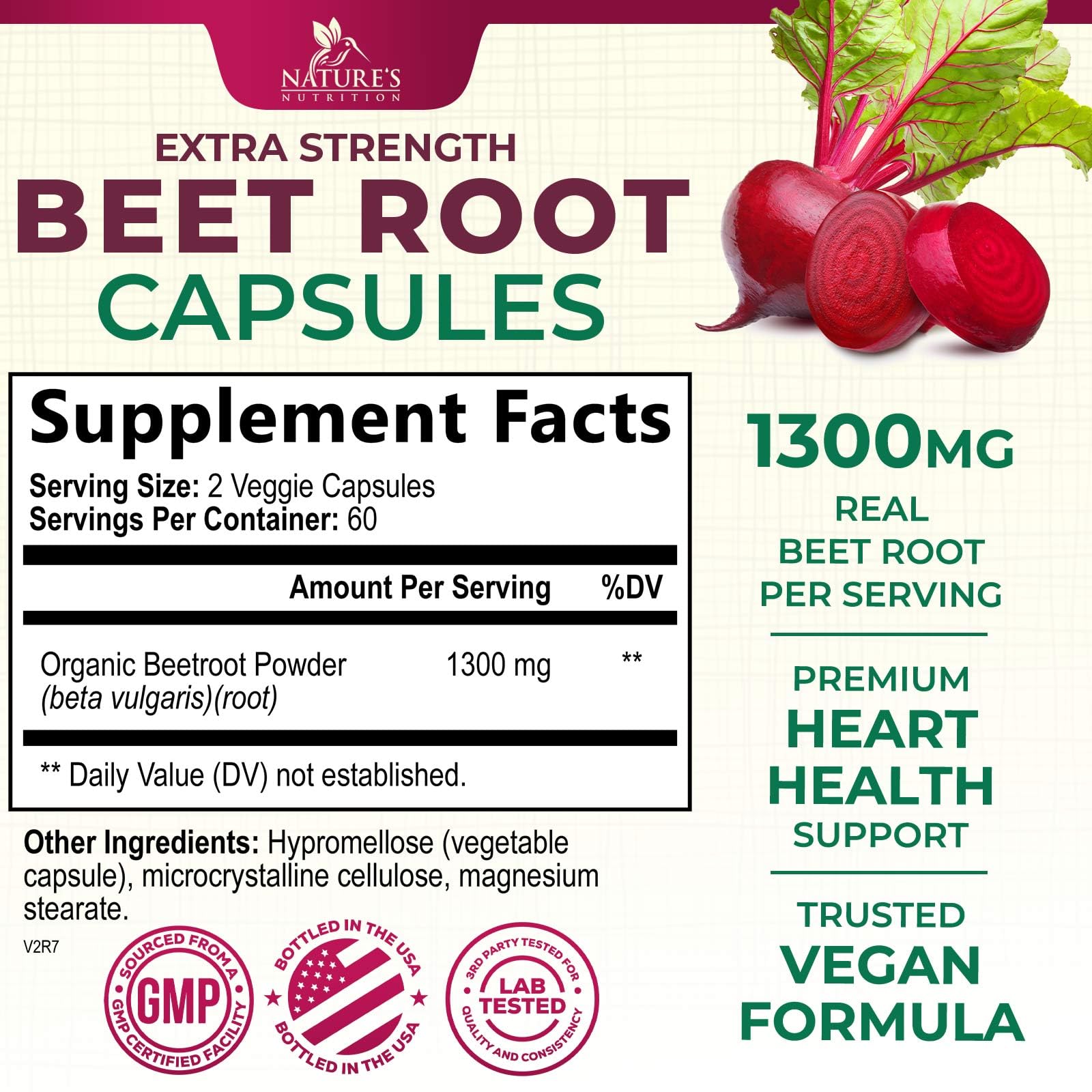 Nature's Nutrition Beet Root Capsules 1300mg capsules ready for use