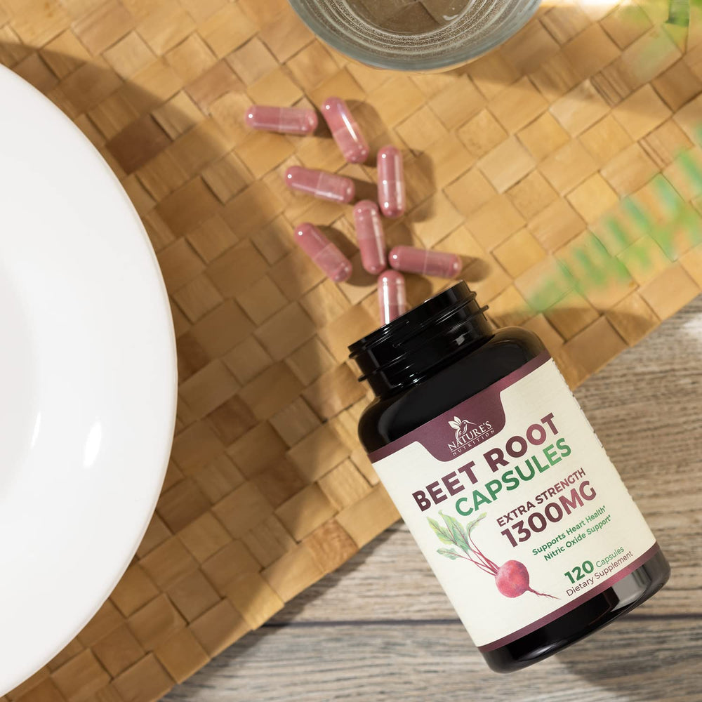Daily wellness scene with Nature's Nutrition Beet Root Capsules and water