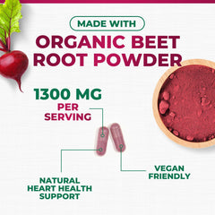 Label closeup of Nature's Nutrition Beet Root Capsules 1300mg ingredients