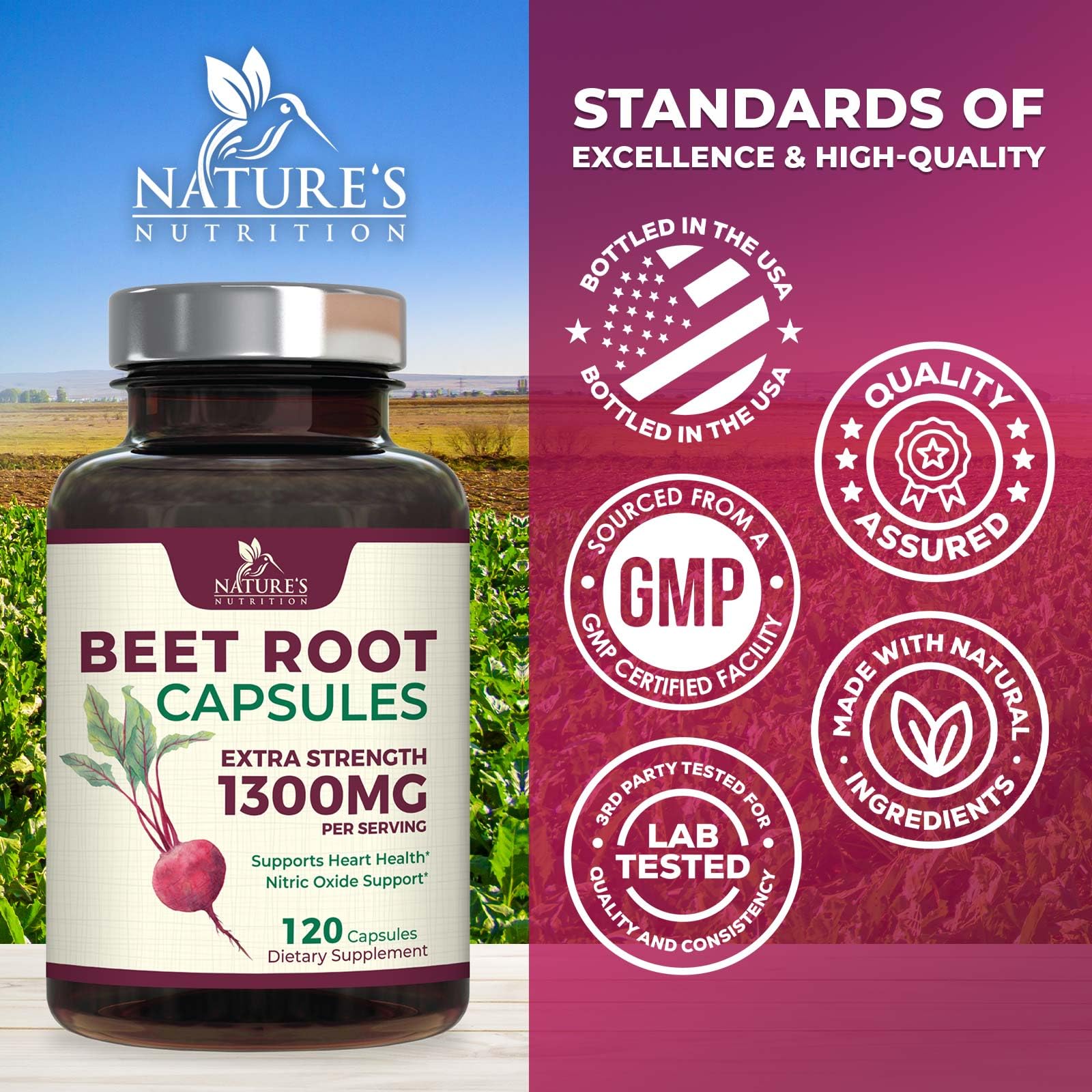 Packaging box of Nature's Nutrition Beet Root Capsules 1300mg on display
