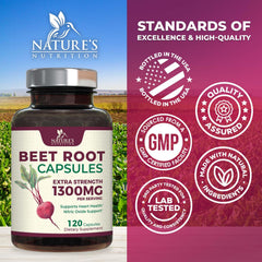 Packaging box of Nature's Nutrition Beet Root Capsules 1300mg on display