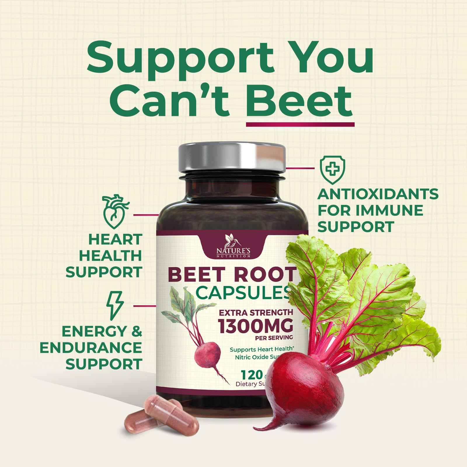 Serving image showing two Nature's Nutrition Beet Root Capsules