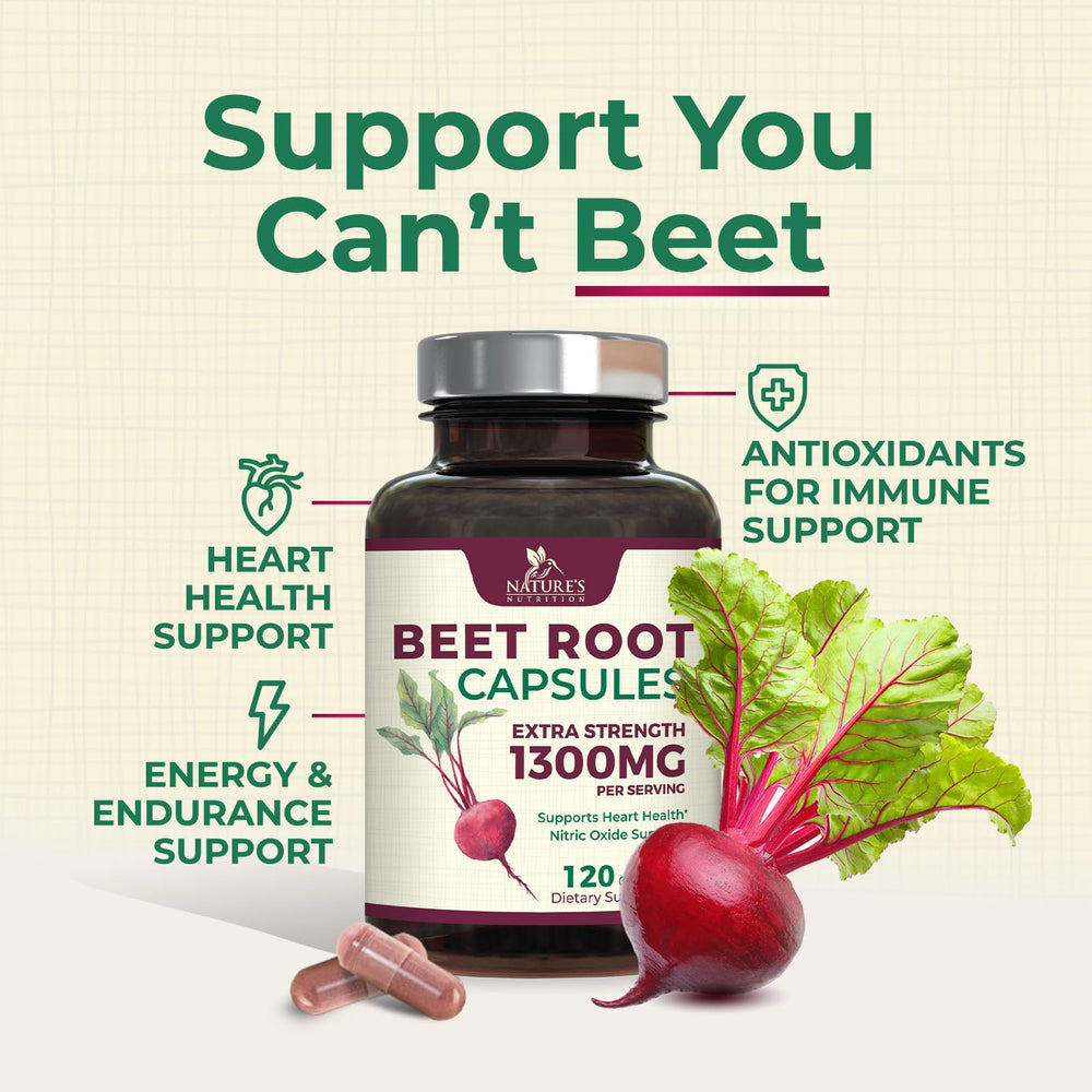 Serving image showing two Nature's Nutrition Beet Root Capsules