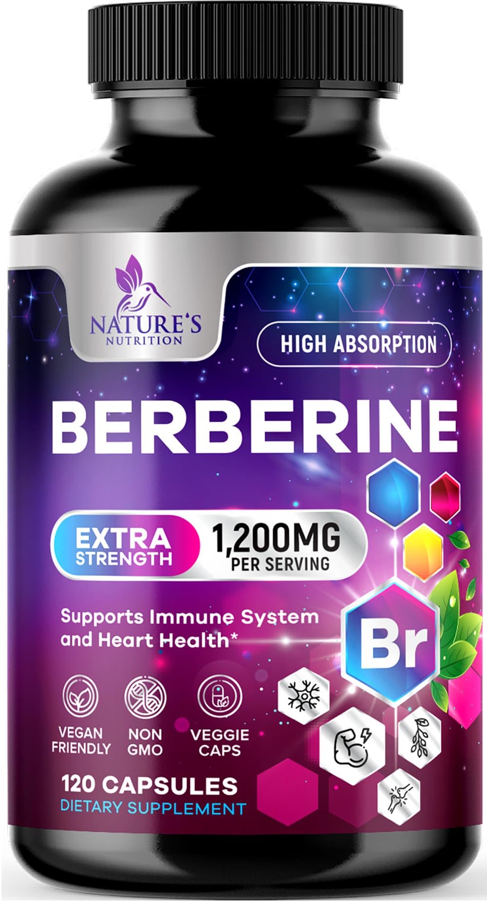Nature's Nutrition Berberine HCL 1200mg bottle emphasizes purity for daily wellness.