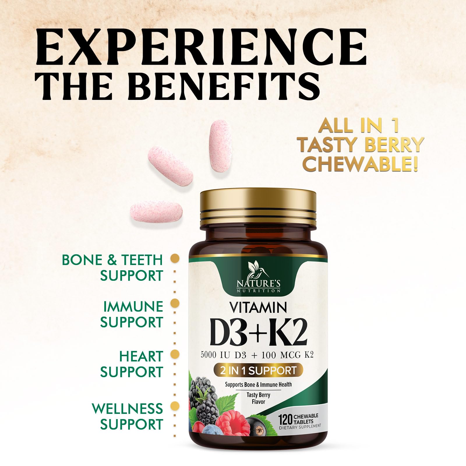 Nature's Nutrition berry-flavored chewable tablets promote convenient daily wellness.